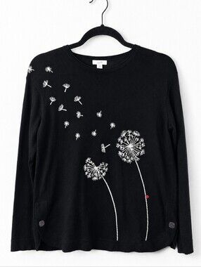 J Jill Small Petite Black Dandelion Sweater 100% Cotton Whimsical Floral Knit